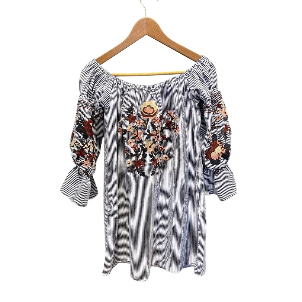 Flora Ashley Striped Off the‎ Shoulder Embroidered Floral Bell Sleeve mini dress